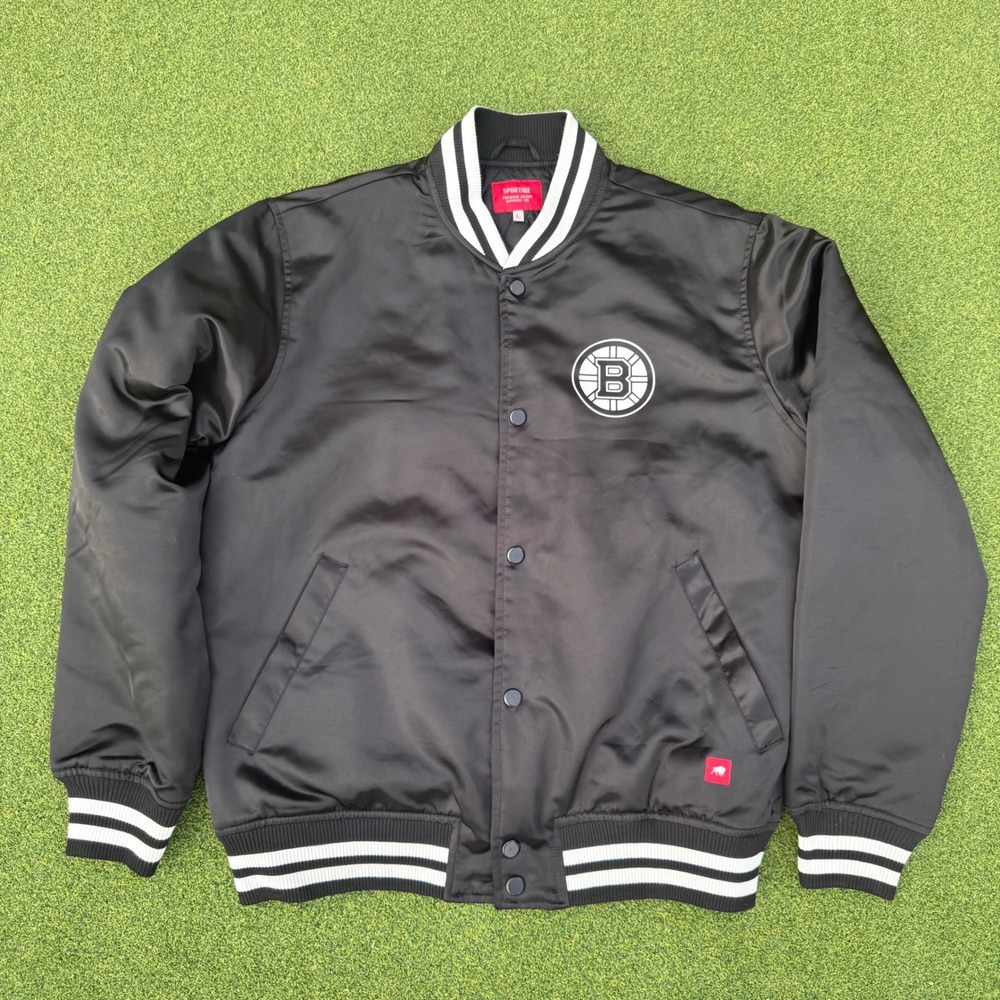 Sportiqe Boston Bruins Satin Bomber Jacket Mens Large Black Quilted Lined